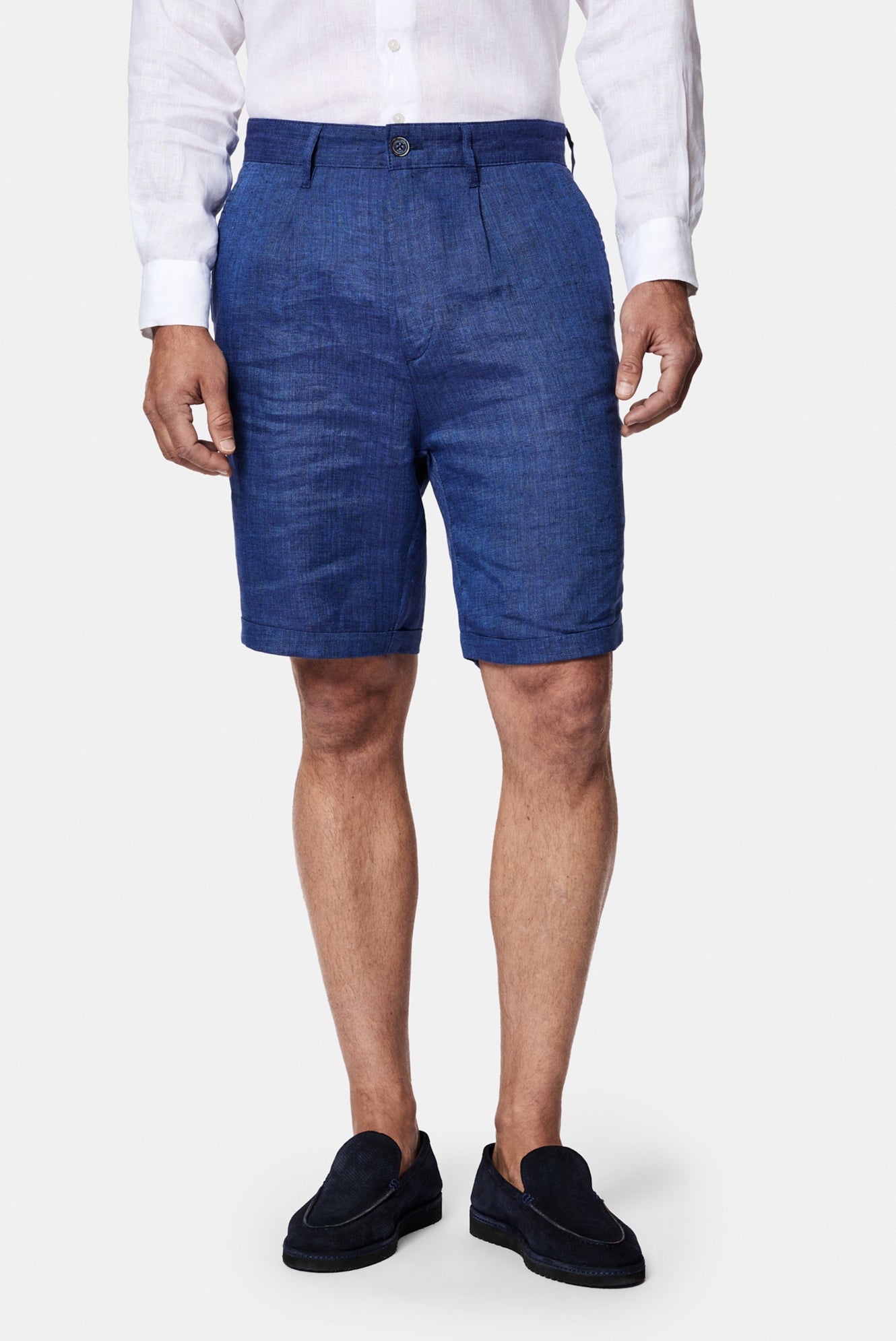 Açık Lacivert Straight Wide Leg %100 Keten Yan Cepli Bermuda Şort