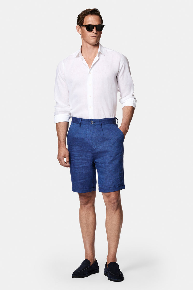 Açık Lacivert Straight Wide Leg %100 Keten Yan Cepli Bermuda Şort
