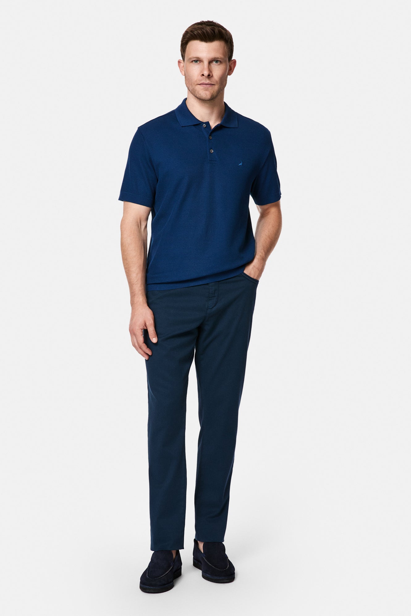 Orta Lacivert Regular Fit Düğmeli Polo Yaka Desenli Nakışlı %100 Pamuk Merserize T-shirt