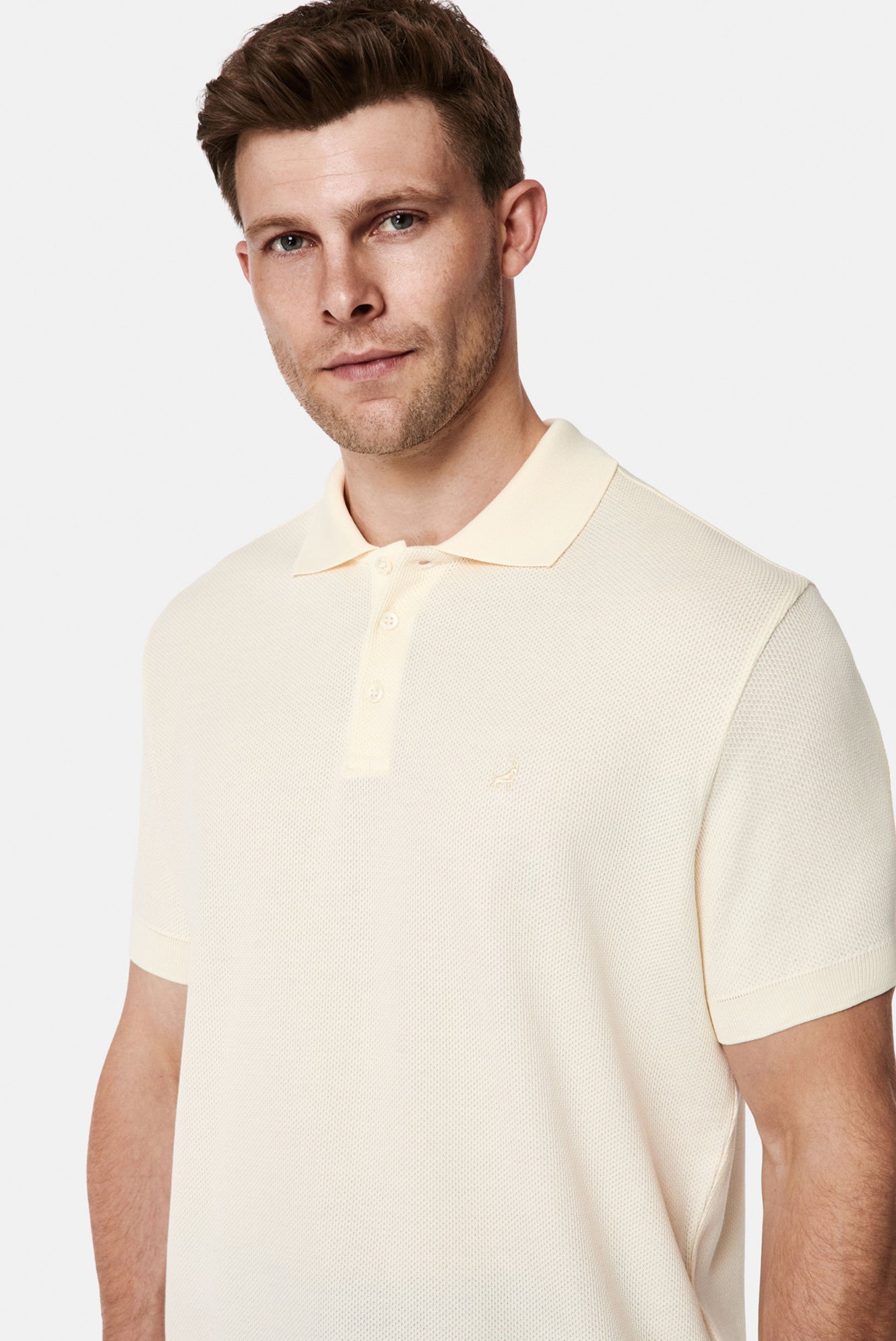 Ekru Regular Fit Düğmeli Polo Yaka Desenli Nakışlı %100 Pamuk Merserize T-shirt