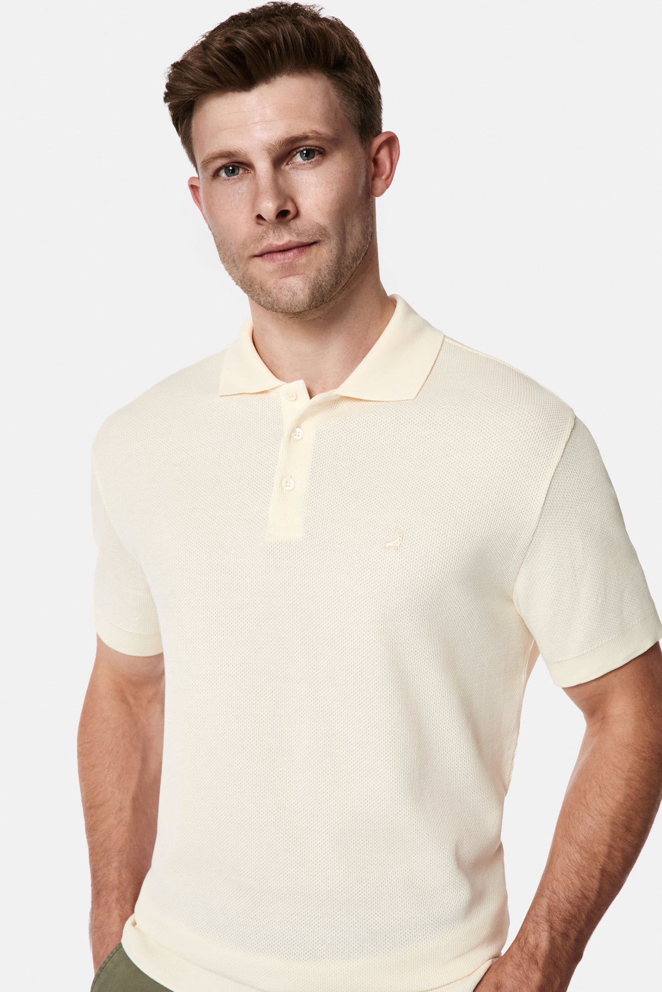 Ekru Regular Fit Düğmeli Polo Yaka Desenli Nakışlı %100 Pamuk Merserize T-shirt