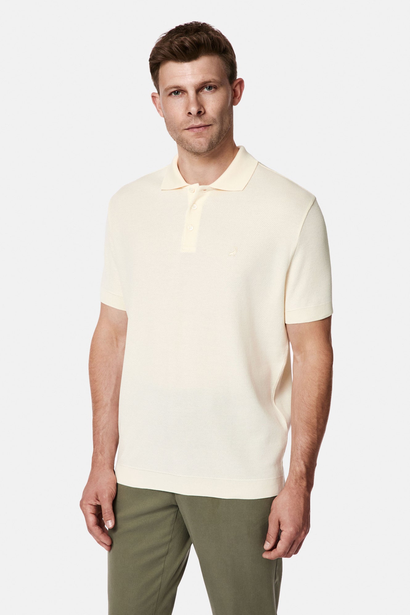 Ekru Regular Fit Düğmeli Polo Yaka Desenli Nakışlı %100 Pamuk Merserize T-shirt