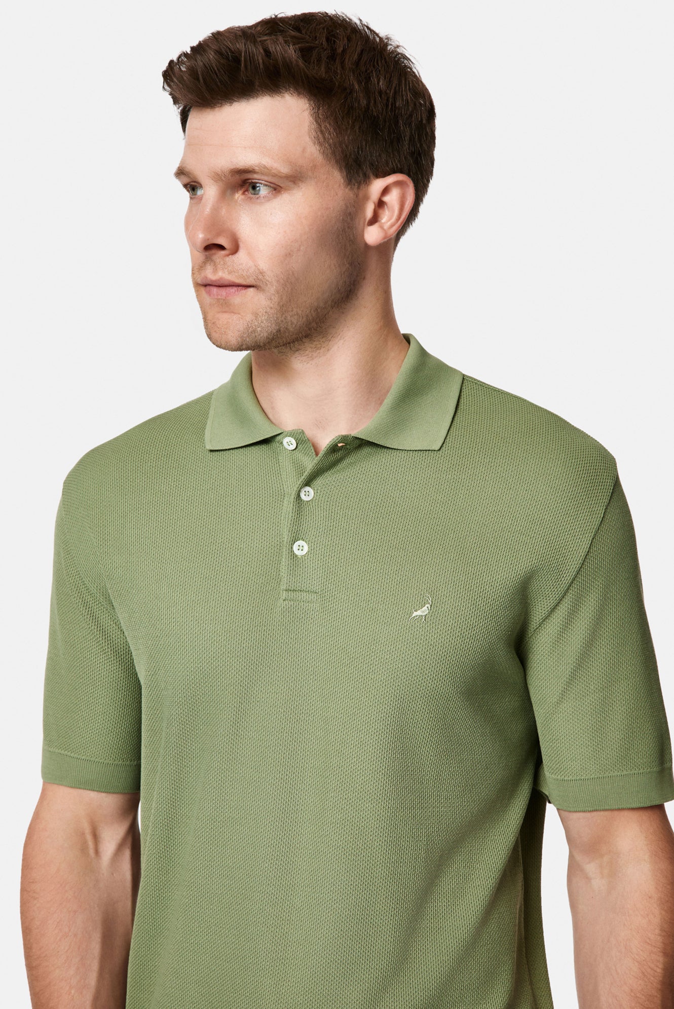 Yağ Yeşili-Olive Regular Fit Düğmeli Polo Yaka Desenli Nakışlı %100 Pamuk Merserize T-shirt