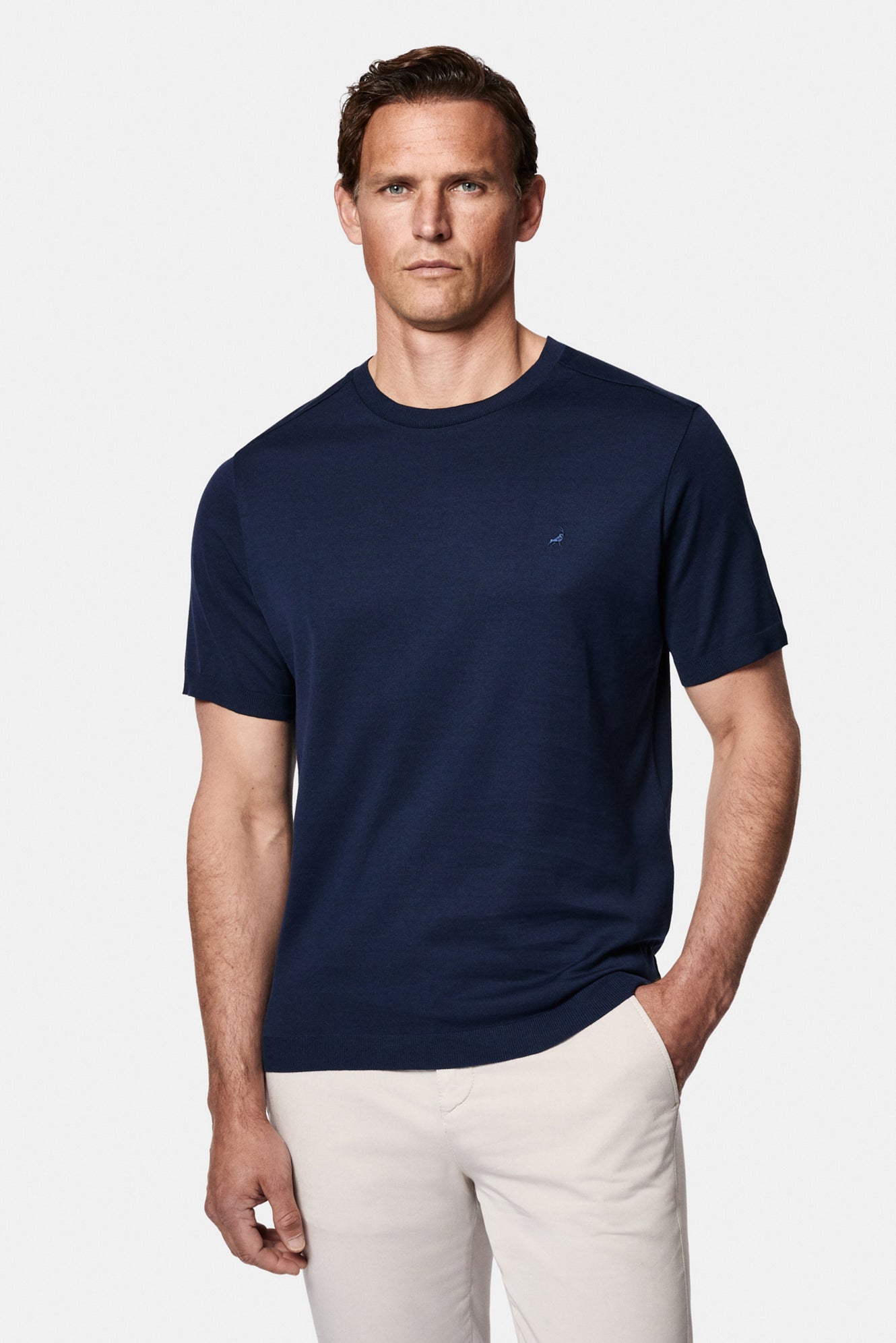 Koyu Lacivert Regular Fit Bisiklet Yaka Nakışlı %100 Pamuk Merserize T-shirt