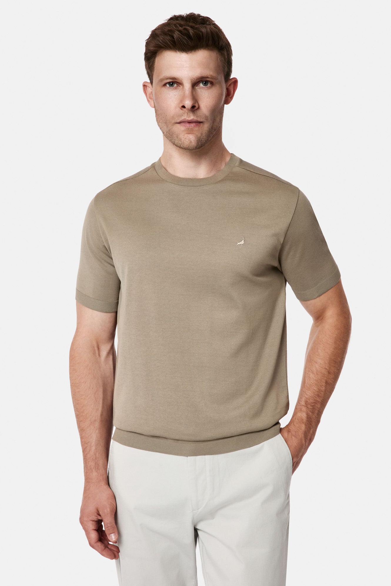 Koyu Vizon Regular Fit Bisiklet Yaka Nakışlı %100 Pamuk Merserize T-shirt