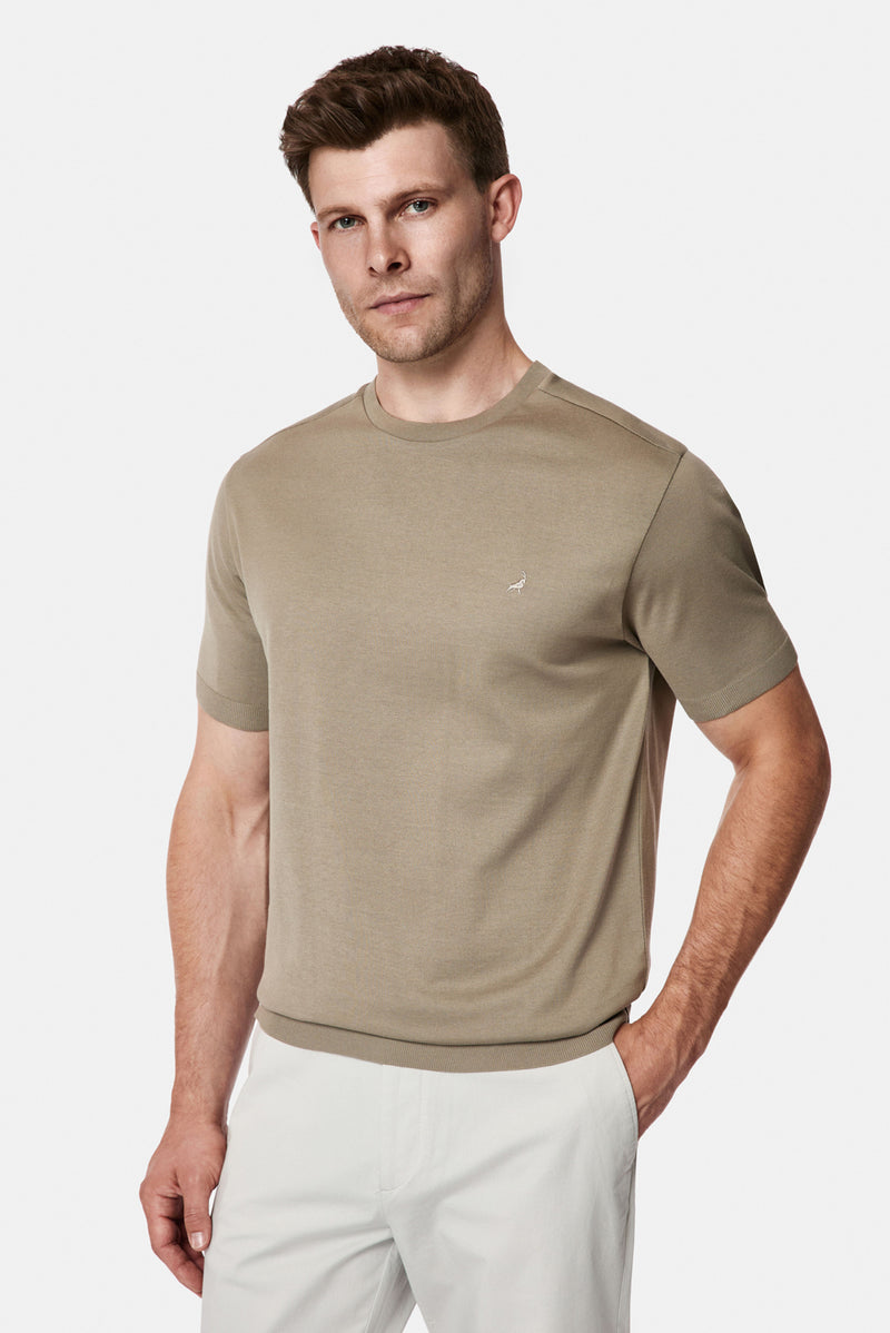 Koyu Vizon Regular Fit Bisiklet Yaka Nakışlı %100 Pamuk Merserize T-shirt