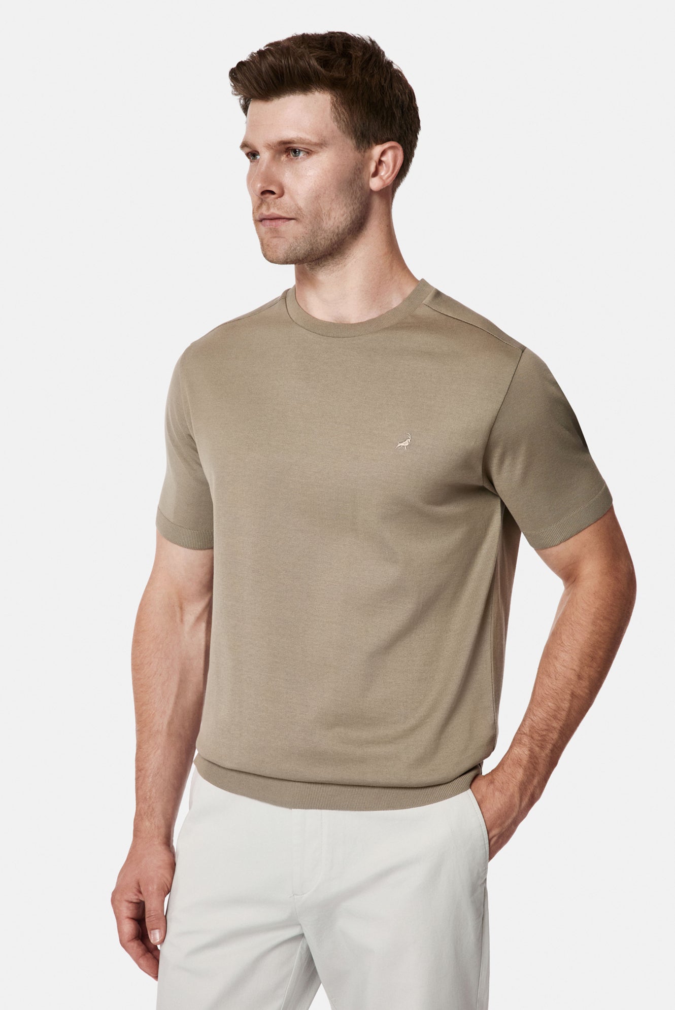 Koyu Vizon Regular Fit Bisiklet Yaka Nakışlı %100 Pamuk Merserize T-shirt
