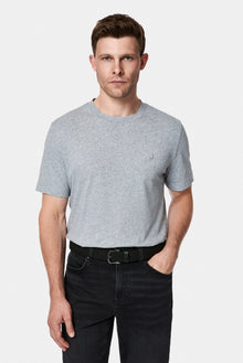 Açık Gri Bisiklet Yaka Regular Fit Desenli Nakışlı Pamuklu Keten T-shirt