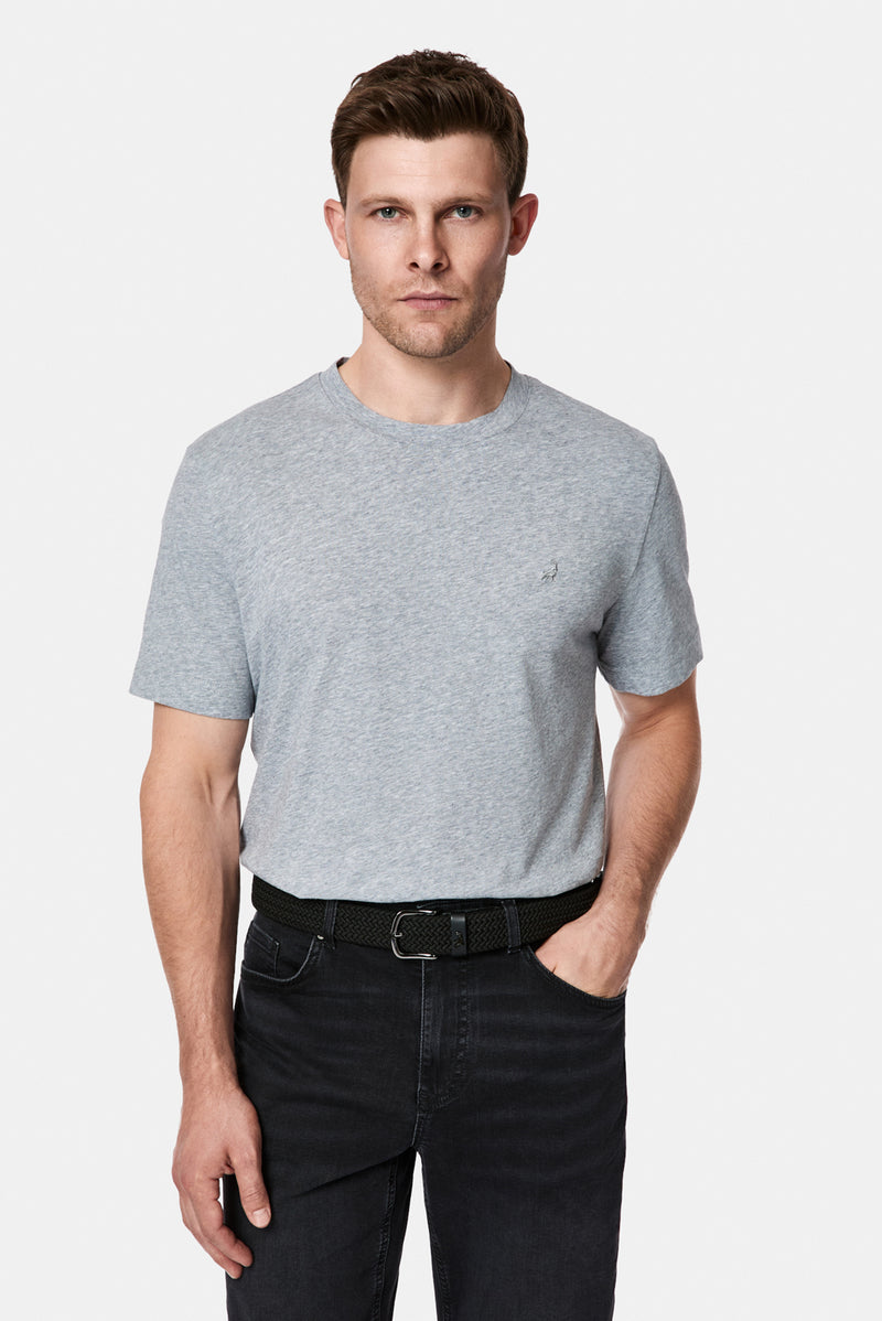 Açık Gri Bisiklet Yaka Regular Fit Desenli Nakışlı Pamuklu Keten T-shirt