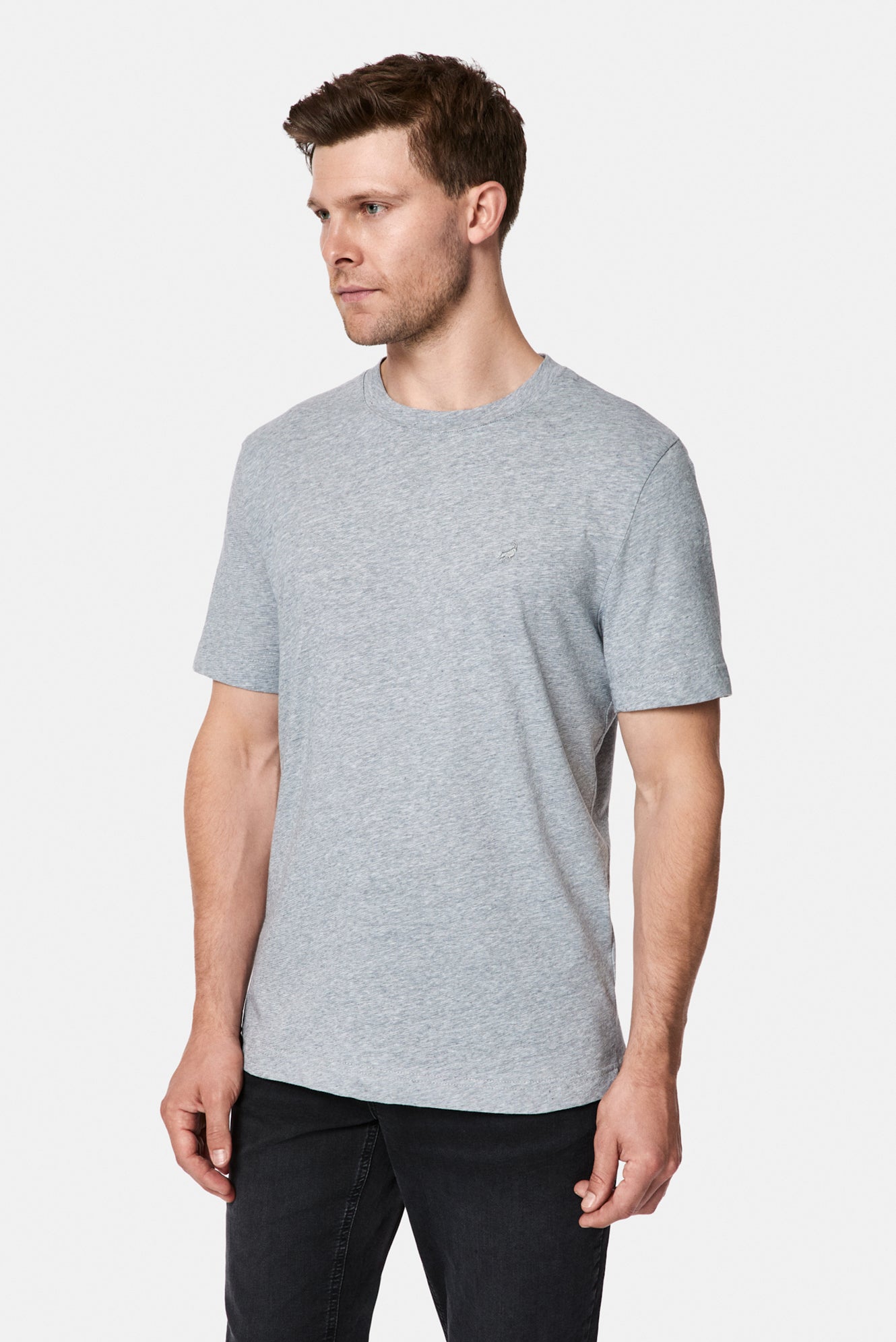 Açık Gri Bisiklet Yaka Regular Fit Desenli Nakışlı Pamuklu Keten T-shirt