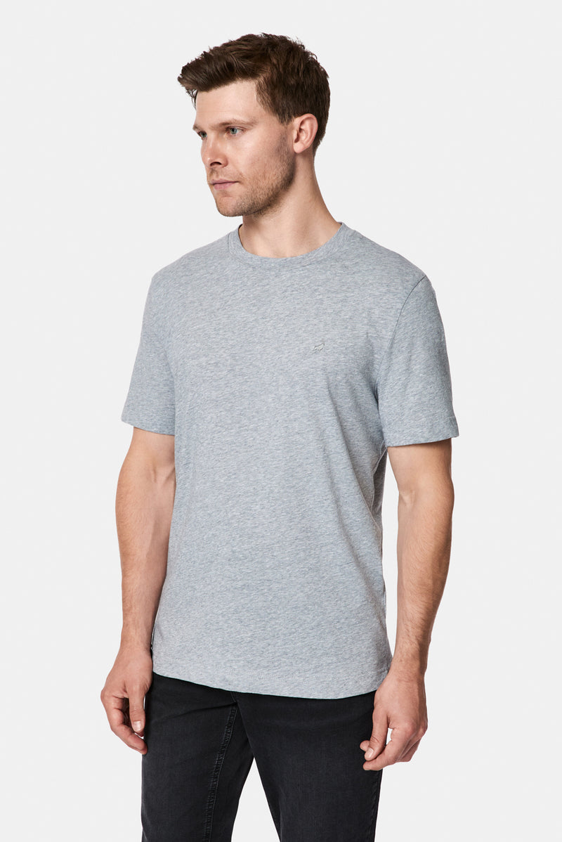 Açık Gri Bisiklet Yaka Regular Fit Desenli Nakışlı Pamuklu Keten T-shirt