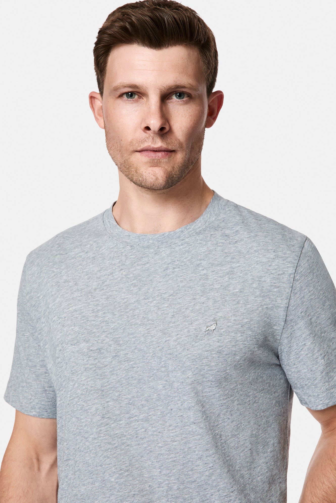 Açık Gri Bisiklet Yaka Regular Fit Desenli Nakışlı Pamuklu Keten T-shirt