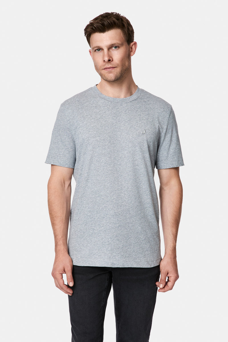 Açık Gri Bisiklet Yaka Regular Fit Desenli Nakışlı Pamuklu Keten T-shirt