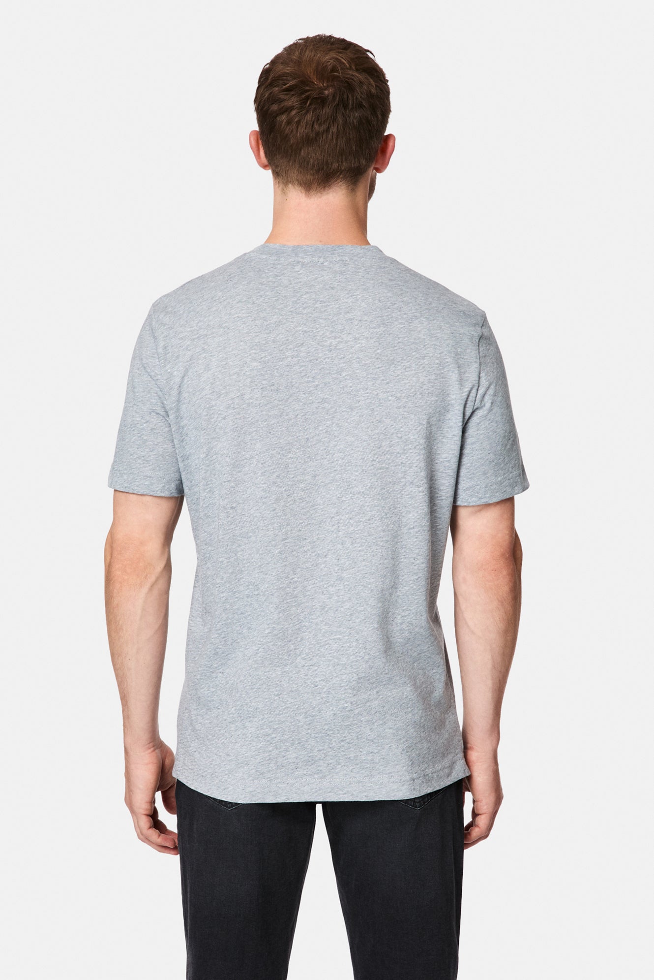 Açık Gri Bisiklet Yaka Regular Fit Desenli Nakışlı Pamuklu Keten T-shirt