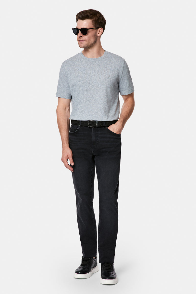 Açık Gri Bisiklet Yaka Regular Fit Desenli Nakışlı Pamuklu Keten T-shirt
