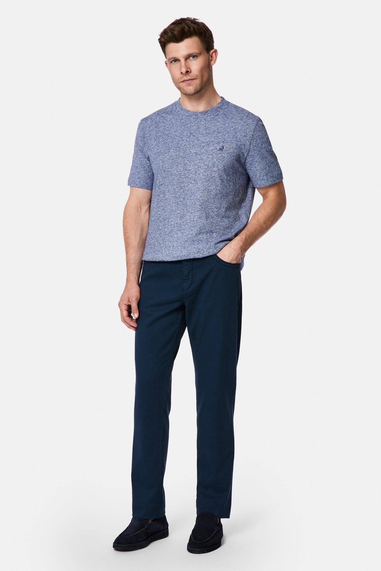 İndigo Bisiklet Yaka Regular Fit Desenli Nakışlı Pamuklu Keten T-shirt