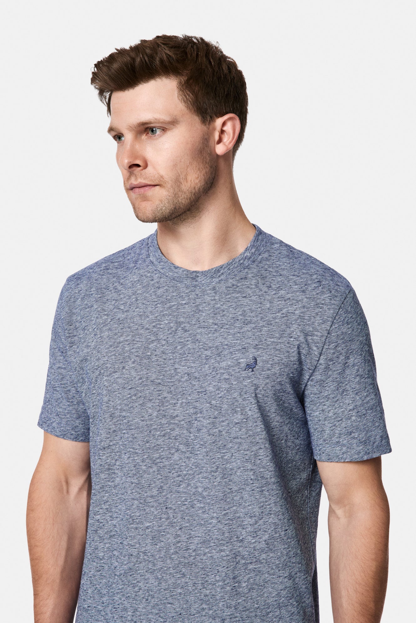İndigo Bisiklet Yaka Regular Fit Desenli Nakışlı Pamuklu Keten T-shirt