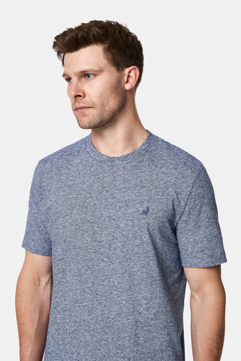 İndigo Bisiklet Yaka Regular Fit Desenli Nakışlı Pamuklu Keten T-shirt