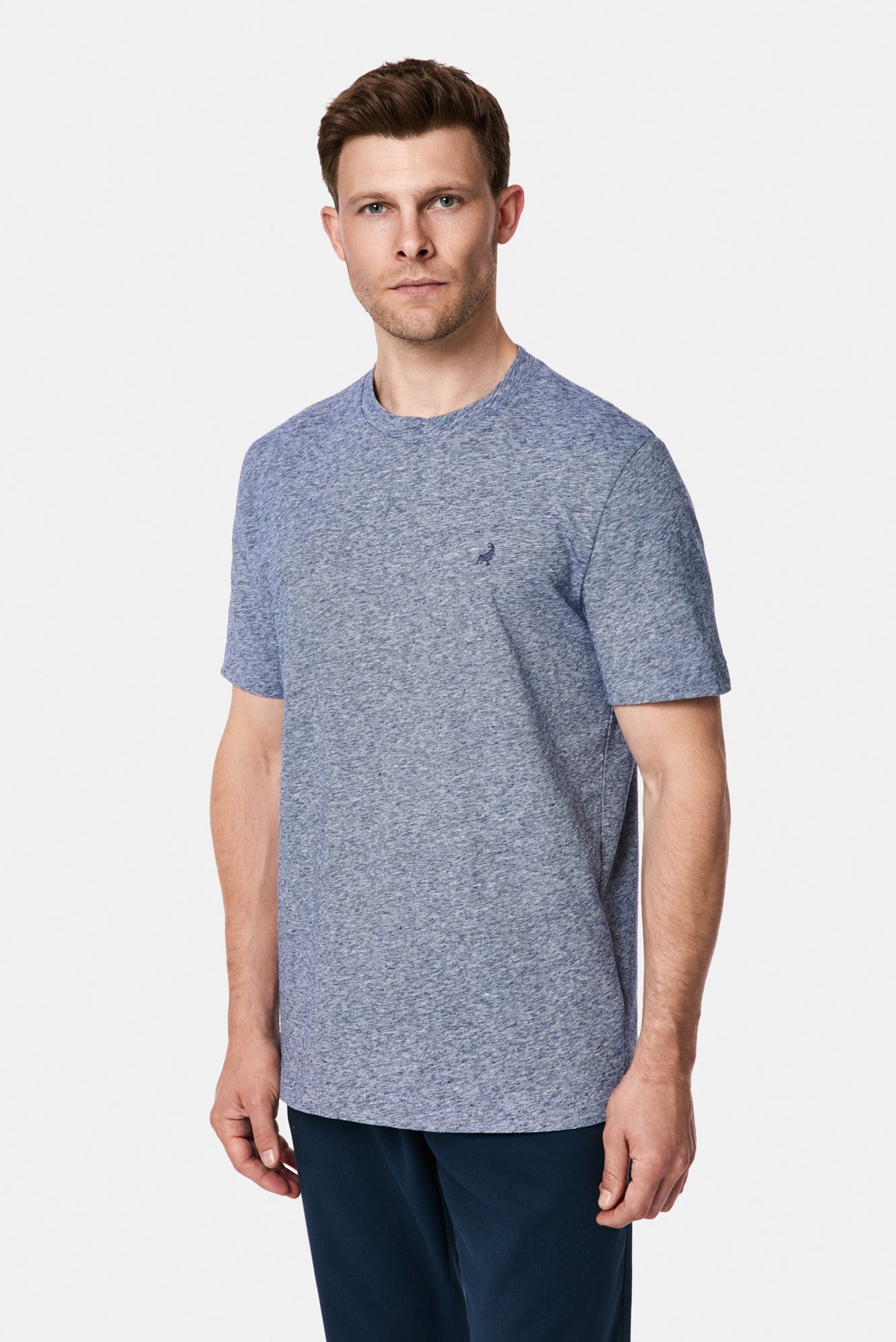 İndigo Bisiklet Yaka Regular Fit Desenli Nakışlı Pamuklu Keten T-shirt