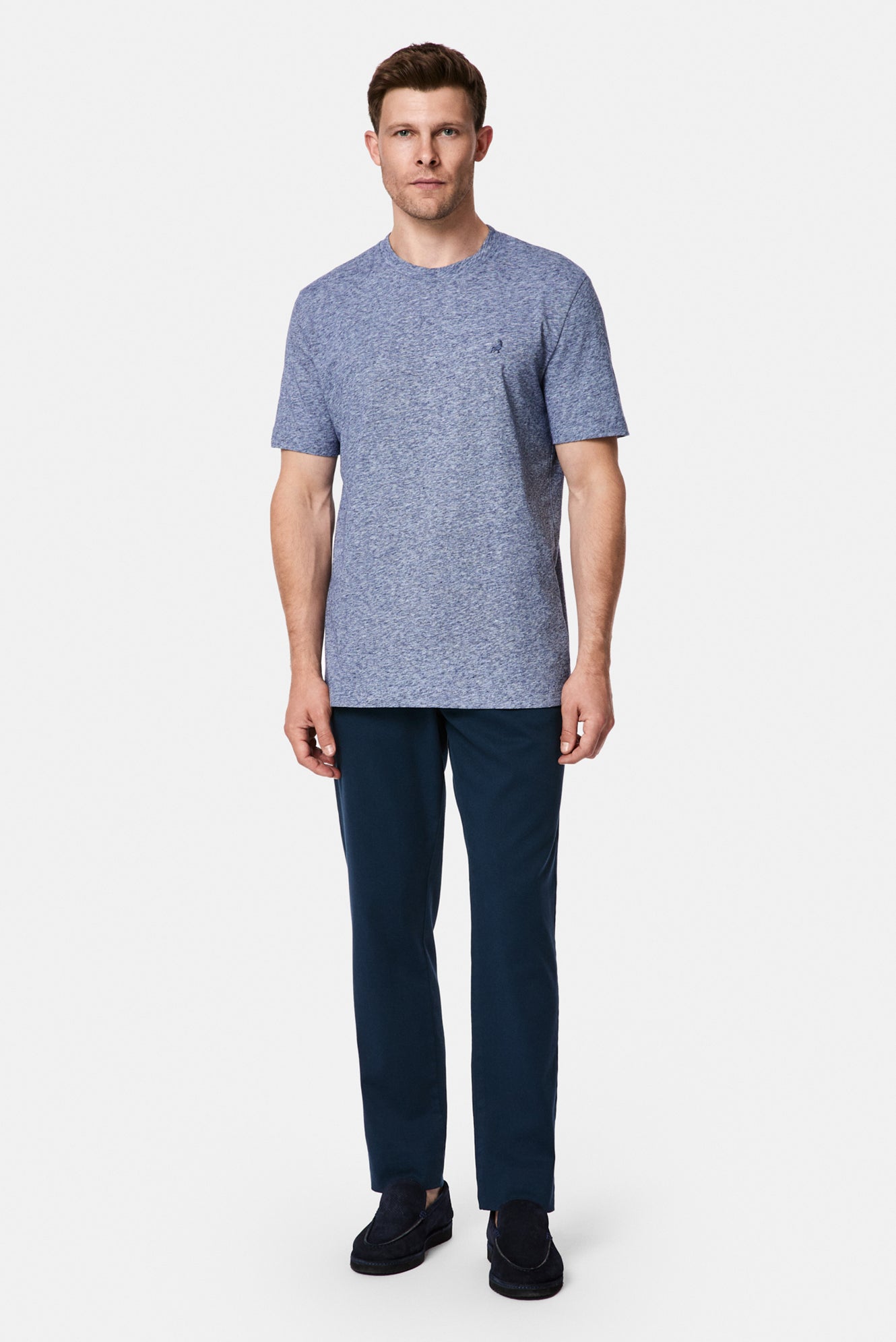 İndigo Bisiklet Yaka Regular Fit Desenli Nakışlı Pamuklu Keten T-shirt