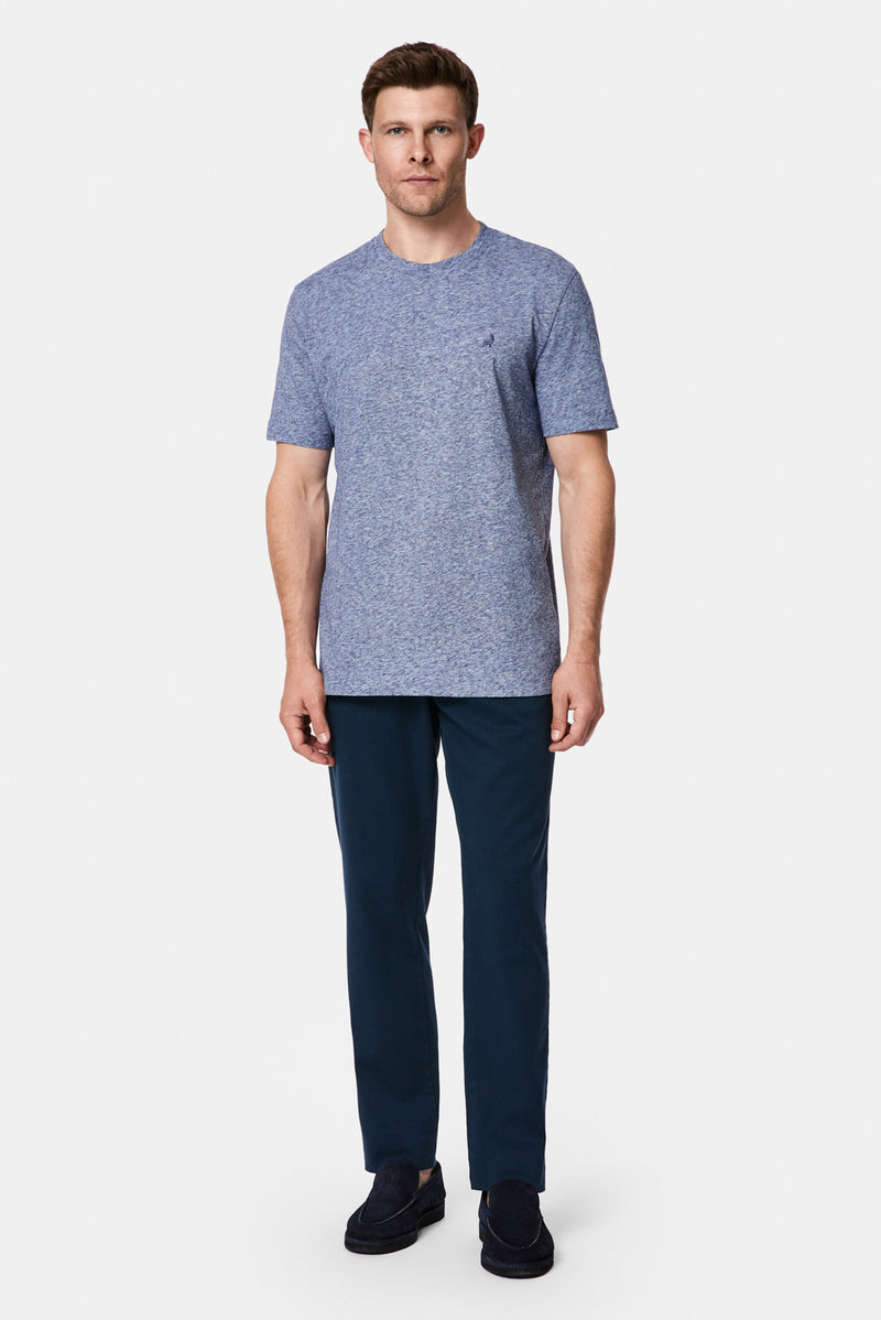 İndigo Bisiklet Yaka Regular Fit Desenli Nakışlı Pamuklu Keten T-shirt