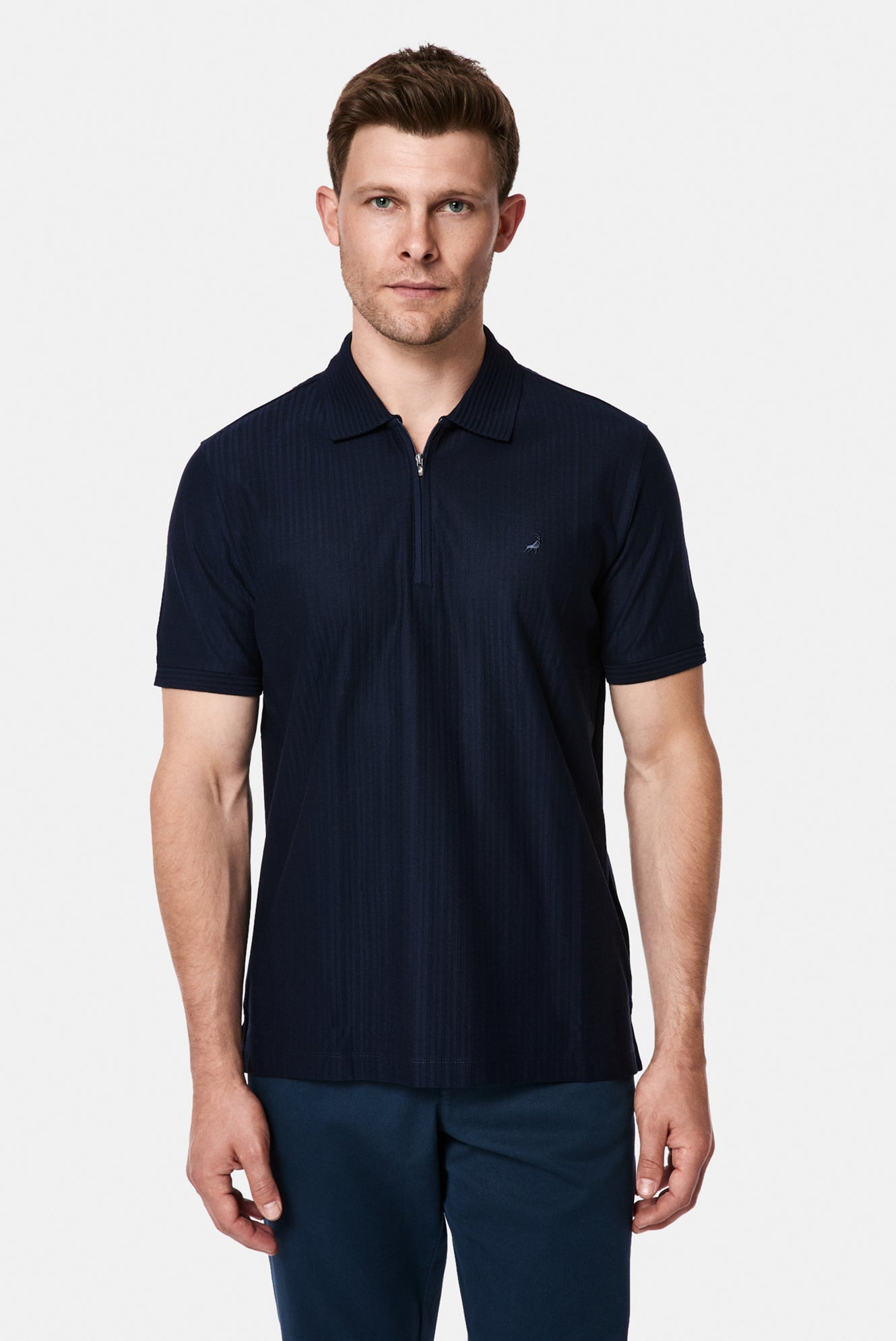 Koyu Lacivert Regular Fit Fermuarlı Polo Yaka %100 Pamuk Desenli Nakışlı Merserize T-shirt