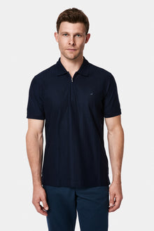 Koyu Lacivert Regular Fit Fermuarlı Polo Yaka %100 Pamuk Desenli Nakışlı Merserize T-shirt