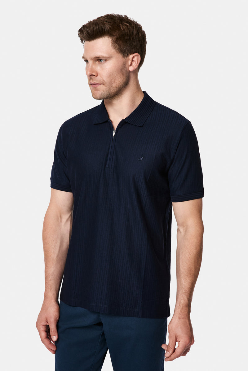 Koyu Lacivert Regular Fit Fermuarlı Polo Yaka %100 Pamuk Desenli Nakışlı Merserize T-shirt