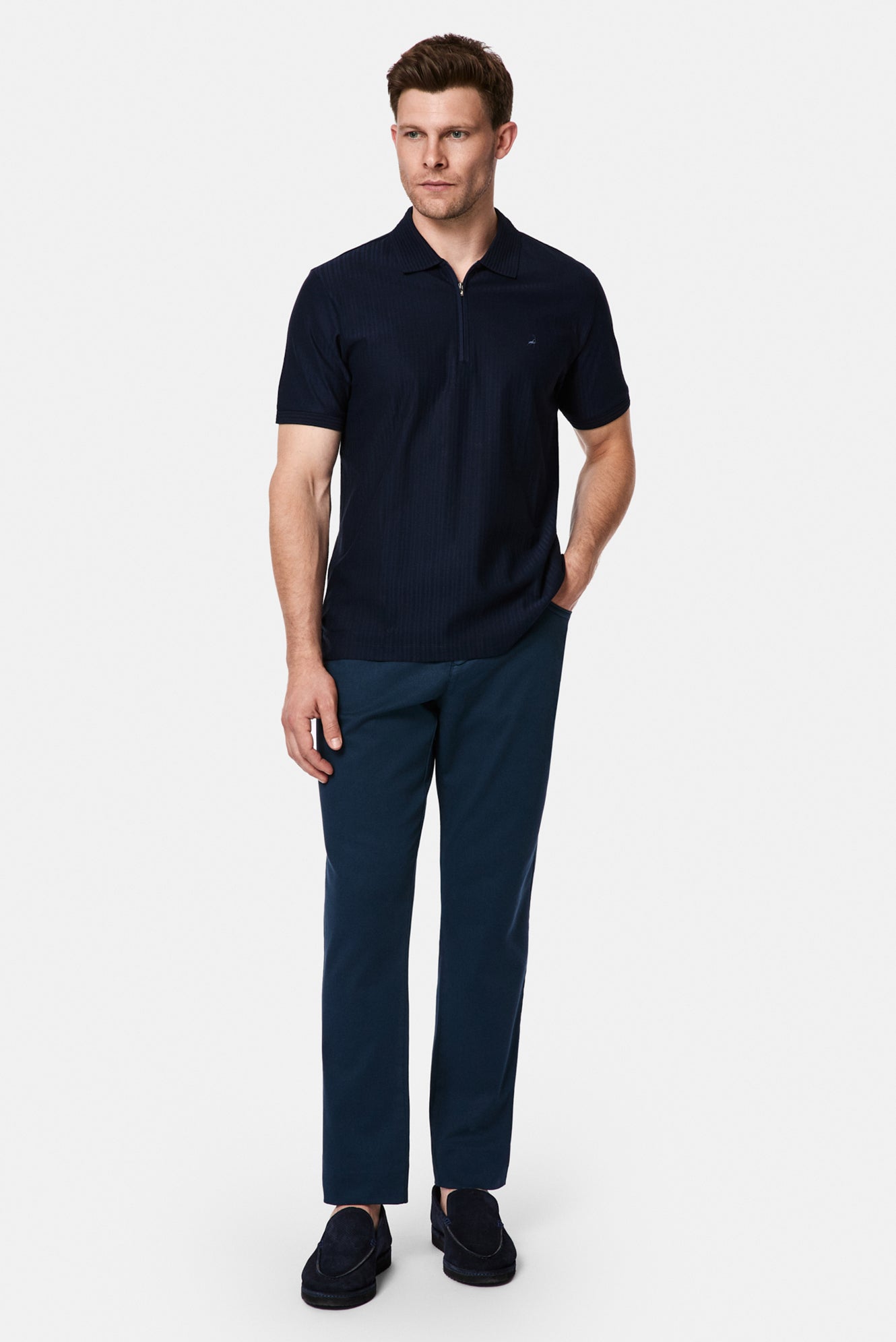 Koyu Lacivert Regular Fit Fermuarlı Polo Yaka %100 Pamuk Desenli Nakışlı Merserize T-shirt