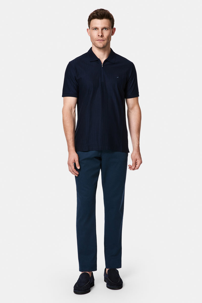 Koyu Lacivert Regular Fit Fermuarlı Polo Yaka %100 Pamuk Desenli Nakışlı Merserize T-shirt