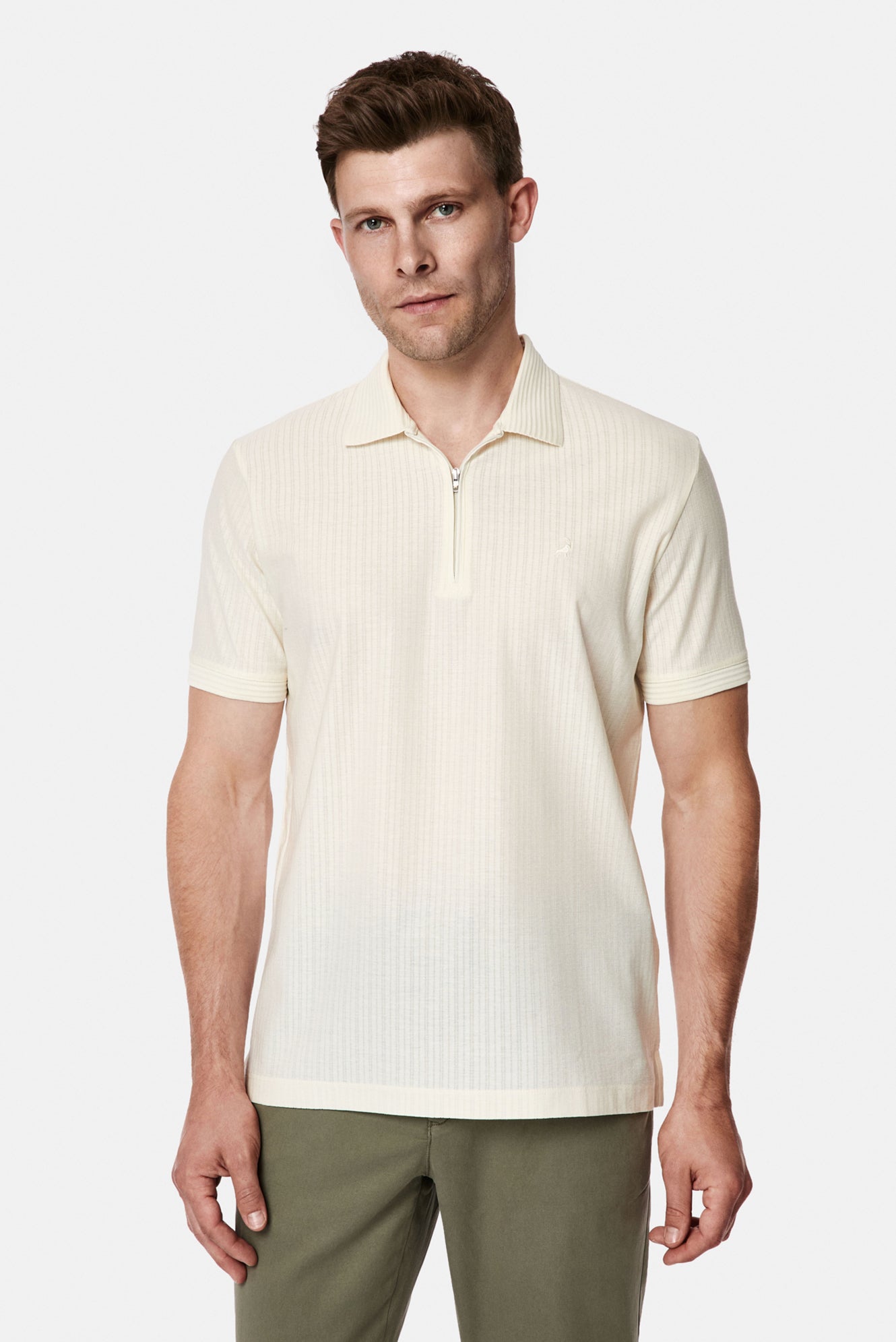 Ekru Regular Fit Fermuarlı Polo Yaka %100 Pamuk Desenli Nakışlı Merserize T-shirt