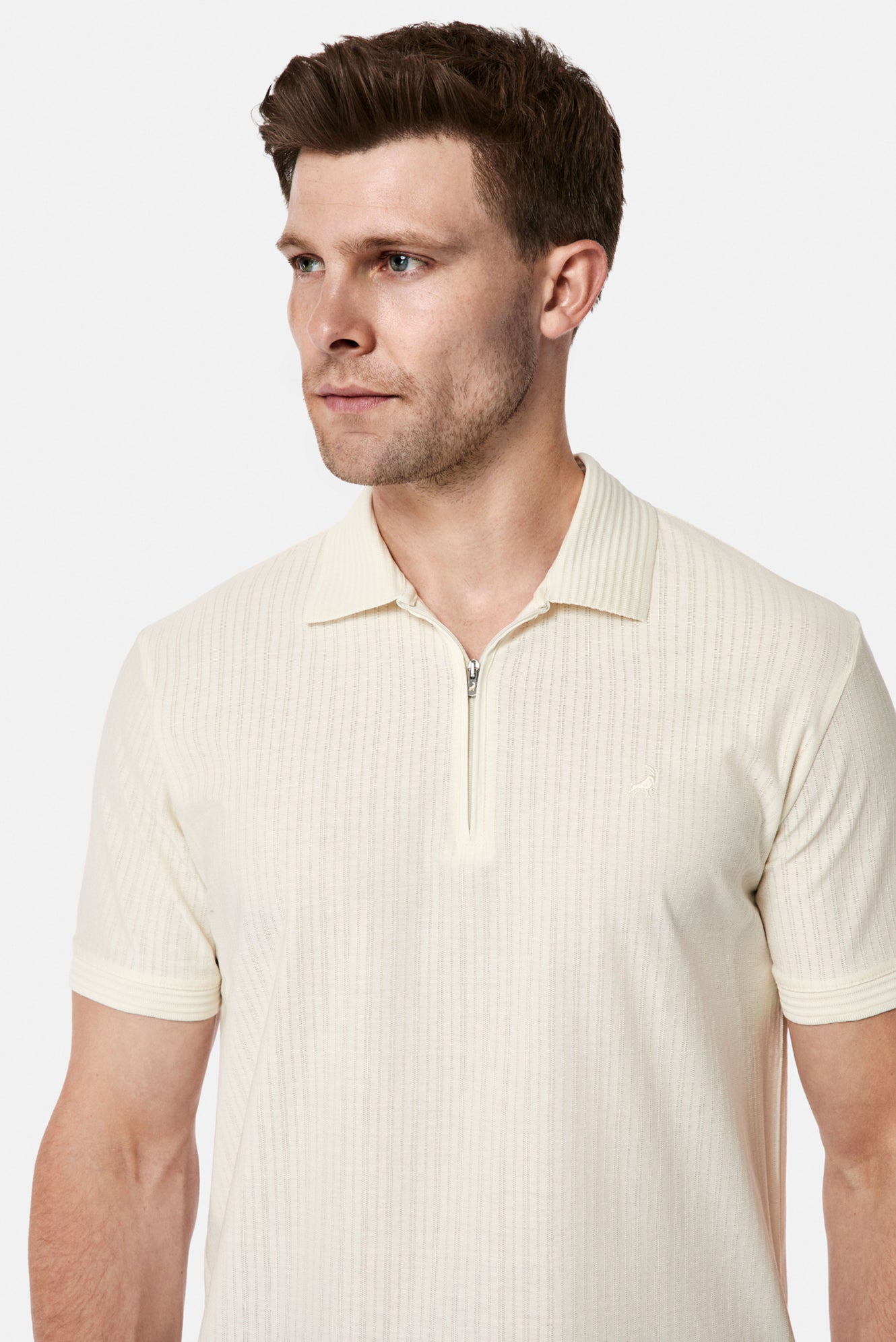 Ekru Regular Fit Fermuarlı Polo Yaka %100 Pamuk Desenli Nakışlı Merserize T-shirt