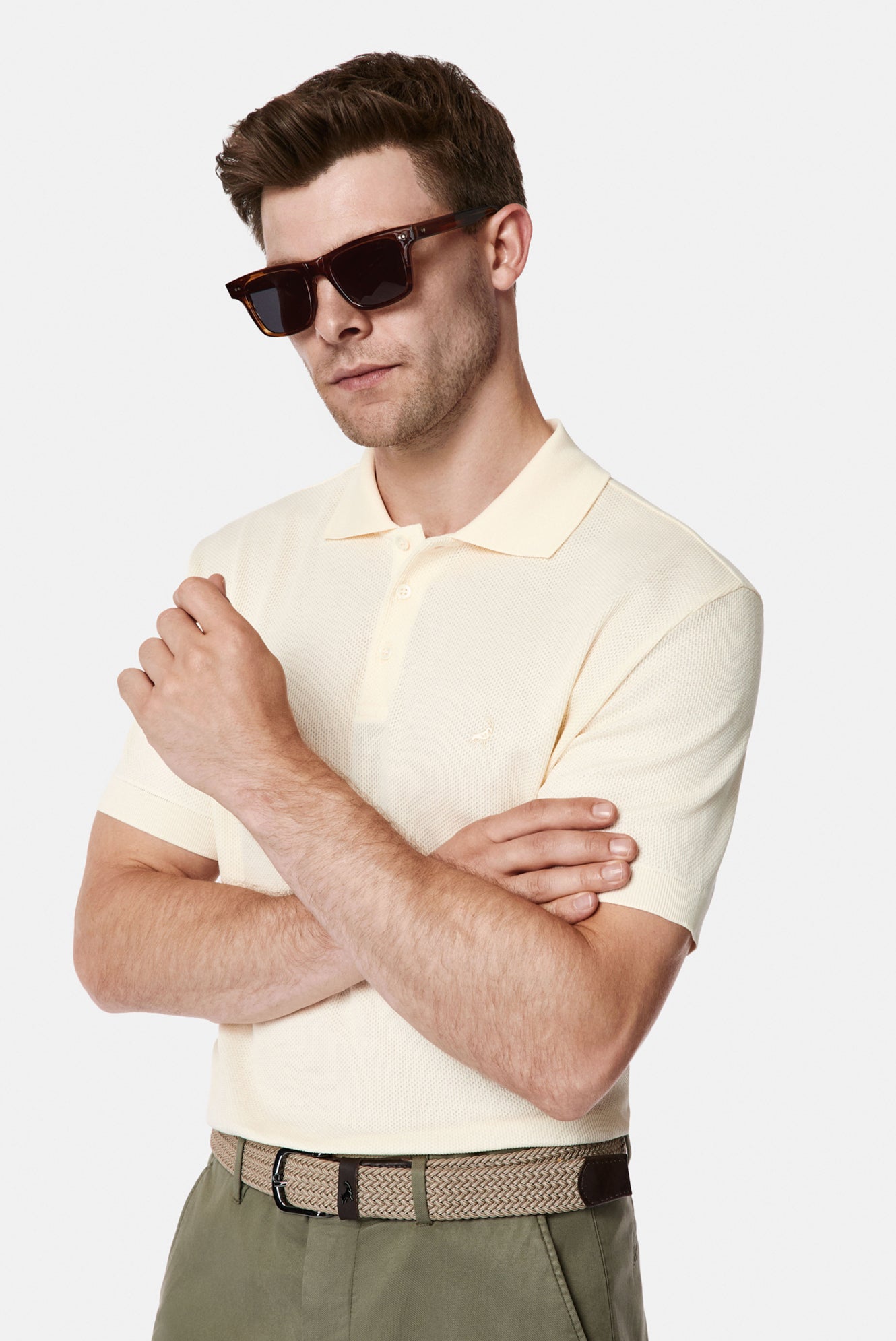Ekru Regular Fit Fermuarlı Polo Yaka %100 Pamuk Desenli Nakışlı Merserize T-shirt
