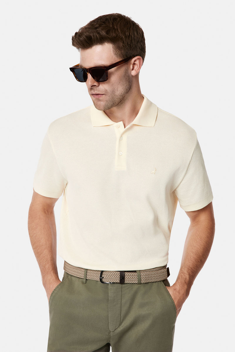 Ekru Regular Fit Fermuarlı Polo Yaka %100 Pamuk Desenli Nakışlı Merserize T-shirt