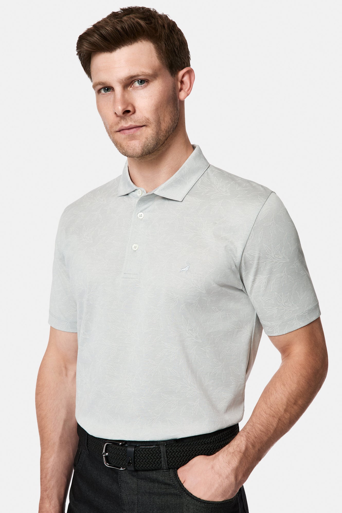 Açık Gri Regular Fit Düğmeli Polo Yaka Desenli Nakışlı %100 Pamuk Merserize T-shirt