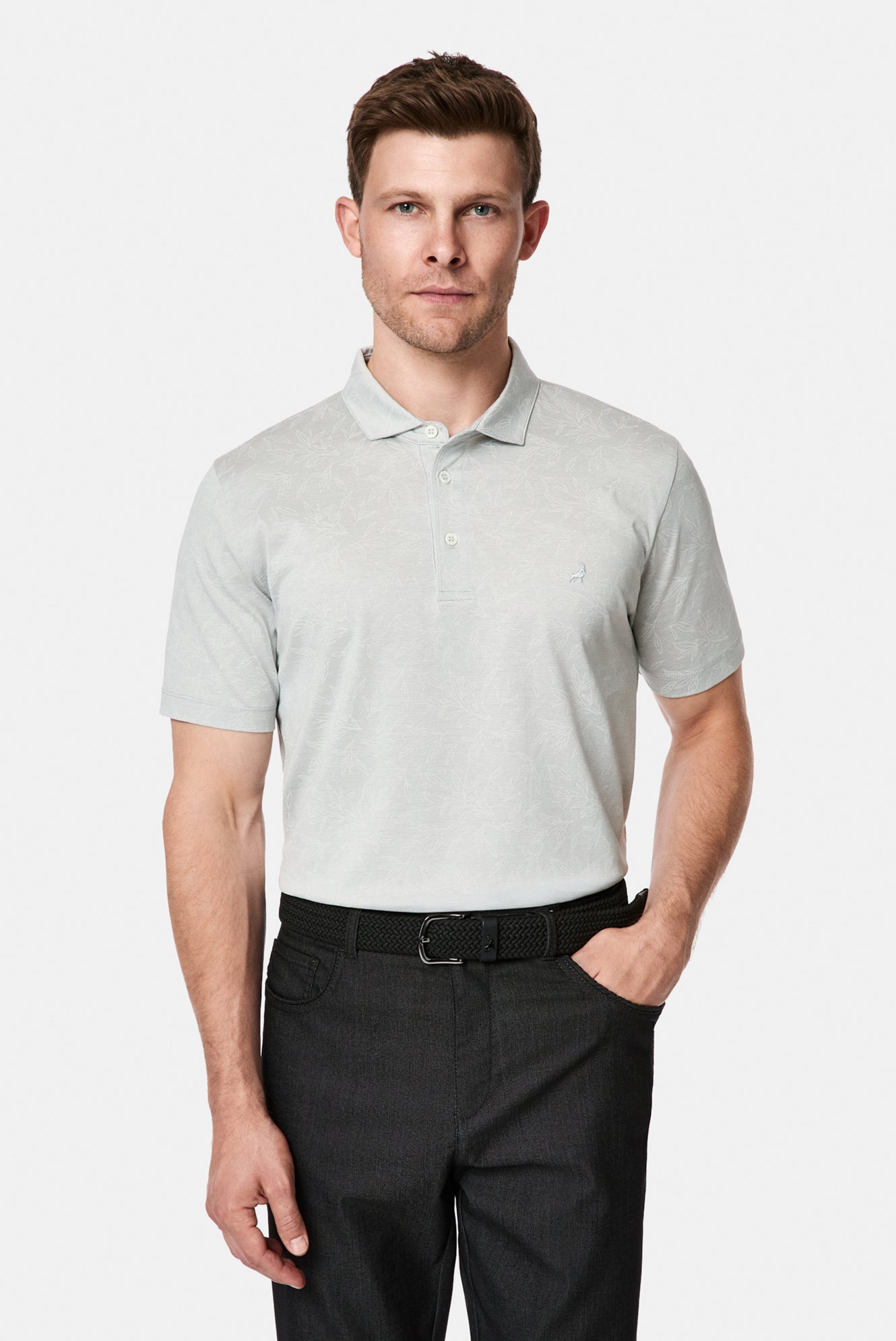 Açık Gri Regular Fit Düğmeli Polo Yaka Desenli Nakışlı %100 Pamuk Merserize T-shirt