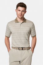 Orta Bej Regular Fit Düğmeli Polo Yaka Çizgili Nakışlı Cepli Pamuklu Keten Merserize T-shirt