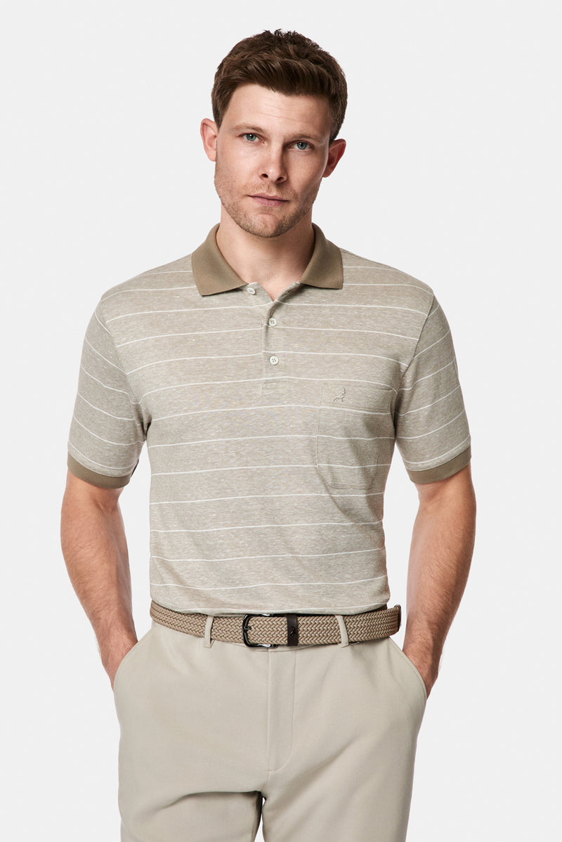 Orta Bej Regular Fit Düğmeli Polo Yaka Çizgili Nakışlı Cepli Pamuklu Keten Merserize T-shirt