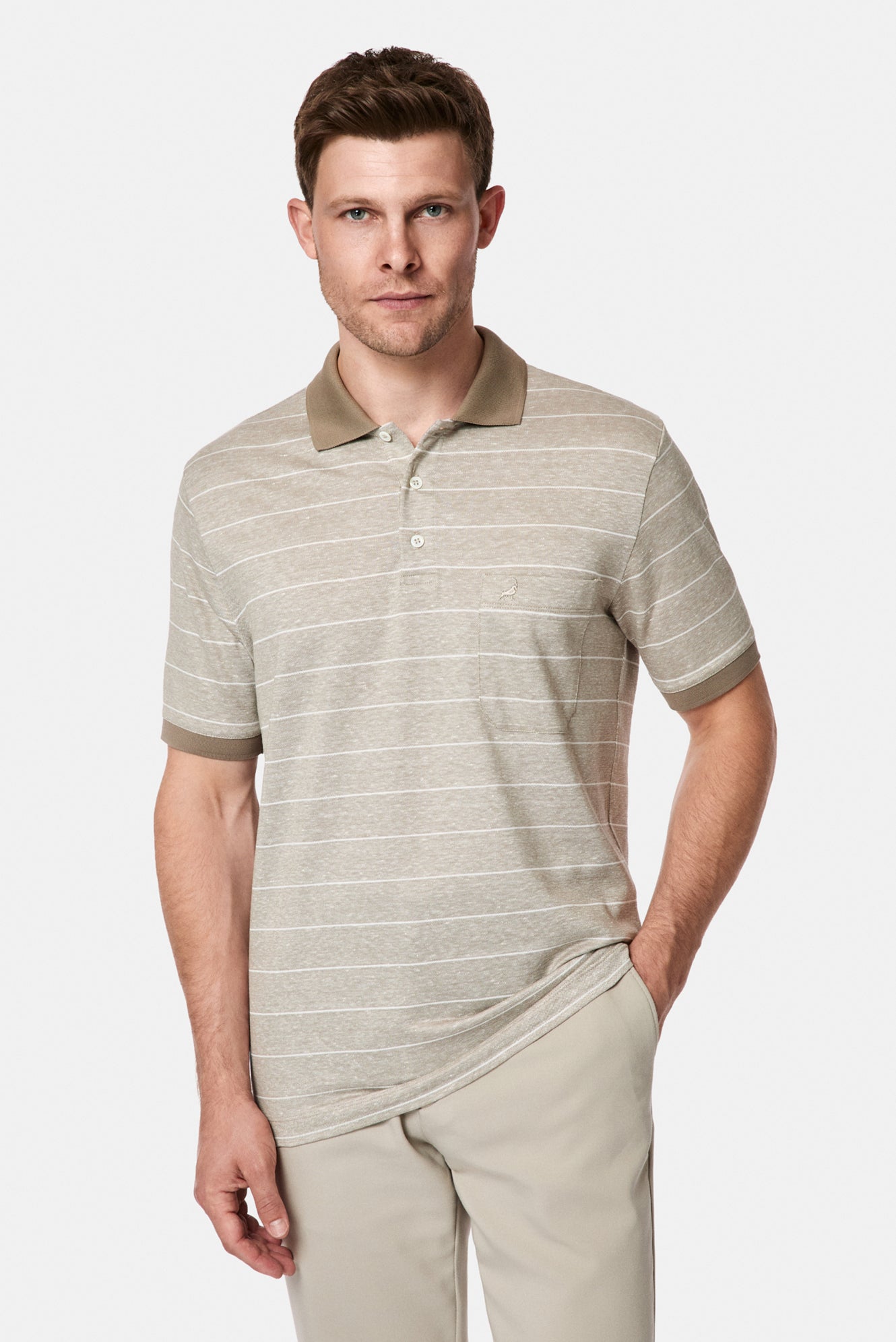 Orta Bej Regular Fit Düğmeli Polo Yaka Çizgili Nakışlı Cepli Pamuklu Keten Merserize T-shirt