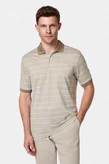 Orta Bej Regular Fit Düğmeli Polo Yaka Çizgili Nakışlı Cepli Pamuklu Keten Merserize T-shirt