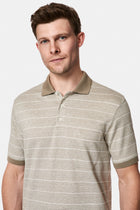 Orta Bej Regular Fit Düğmeli Polo Yaka Çizgili Nakışlı Cepli Pamuklu Keten Merserize T-shirt