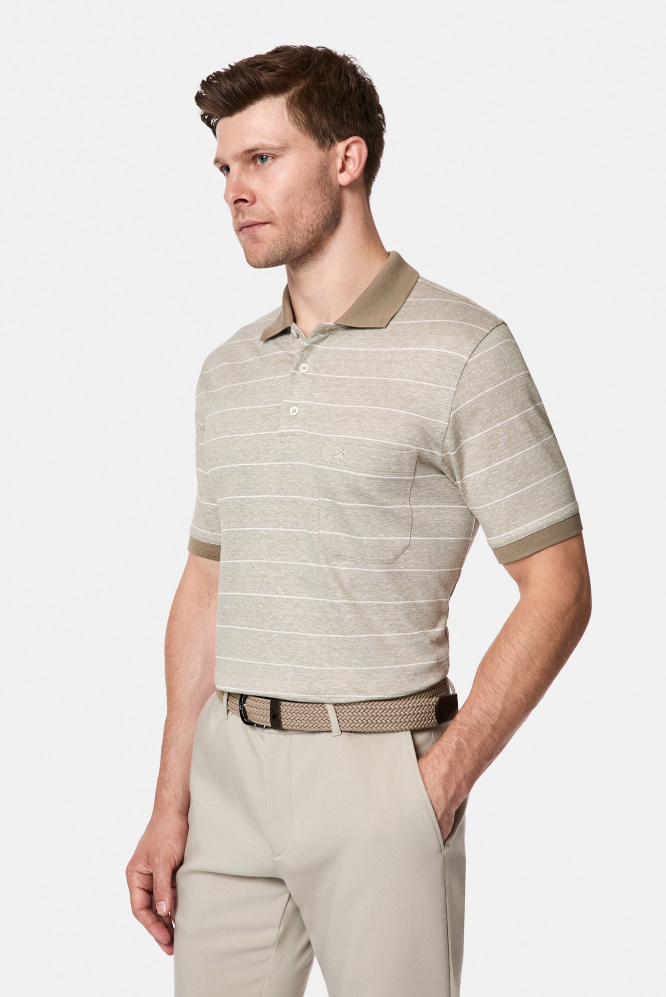 Orta Bej Regular Fit Düğmeli Polo Yaka Çizgili Nakışlı Cepli Pamuklu Keten Merserize T-shirt