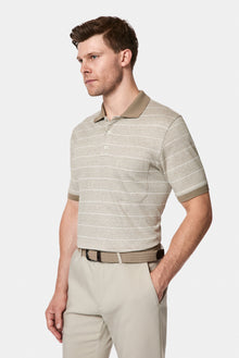 Orta Bej Regular Fit Düğmeli Polo Yaka Çizgili Nakışlı Cepli Pamuklu Keten Merserize T-shirt