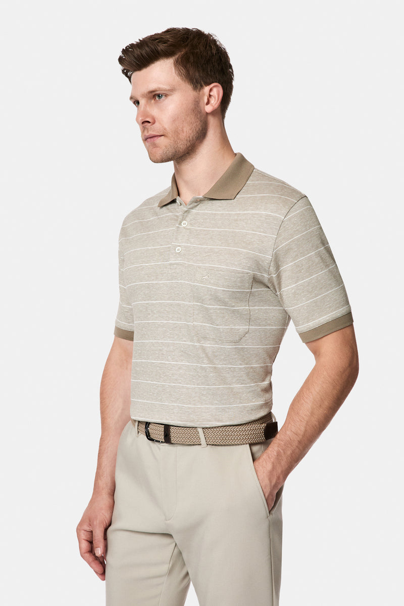Orta Bej Regular Fit Düğmeli Polo Yaka Çizgili Nakışlı Cepli Pamuklu Keten Merserize T-shirt