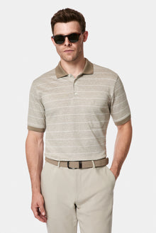 Orta Bej Regular Fit Düğmeli Polo Yaka Çizgili Nakışlı Cepli Pamuklu Keten Merserize T-shirt