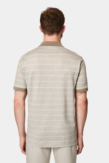 Orta Bej Regular Fit Düğmeli Polo Yaka Çizgili Nakışlı Cepli Pamuklu Keten Merserize T-shirt