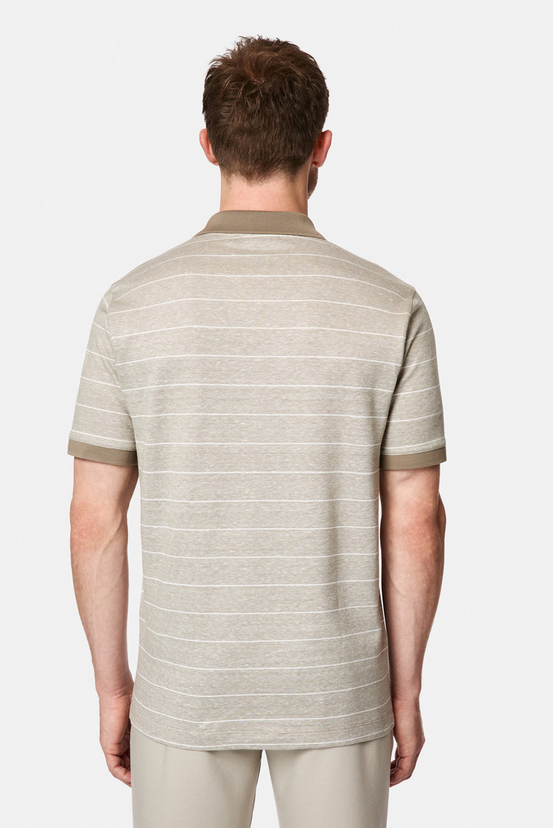 Orta Bej Regular Fit Düğmeli Polo Yaka Çizgili Nakışlı Cepli Pamuklu Keten Merserize T-shirt