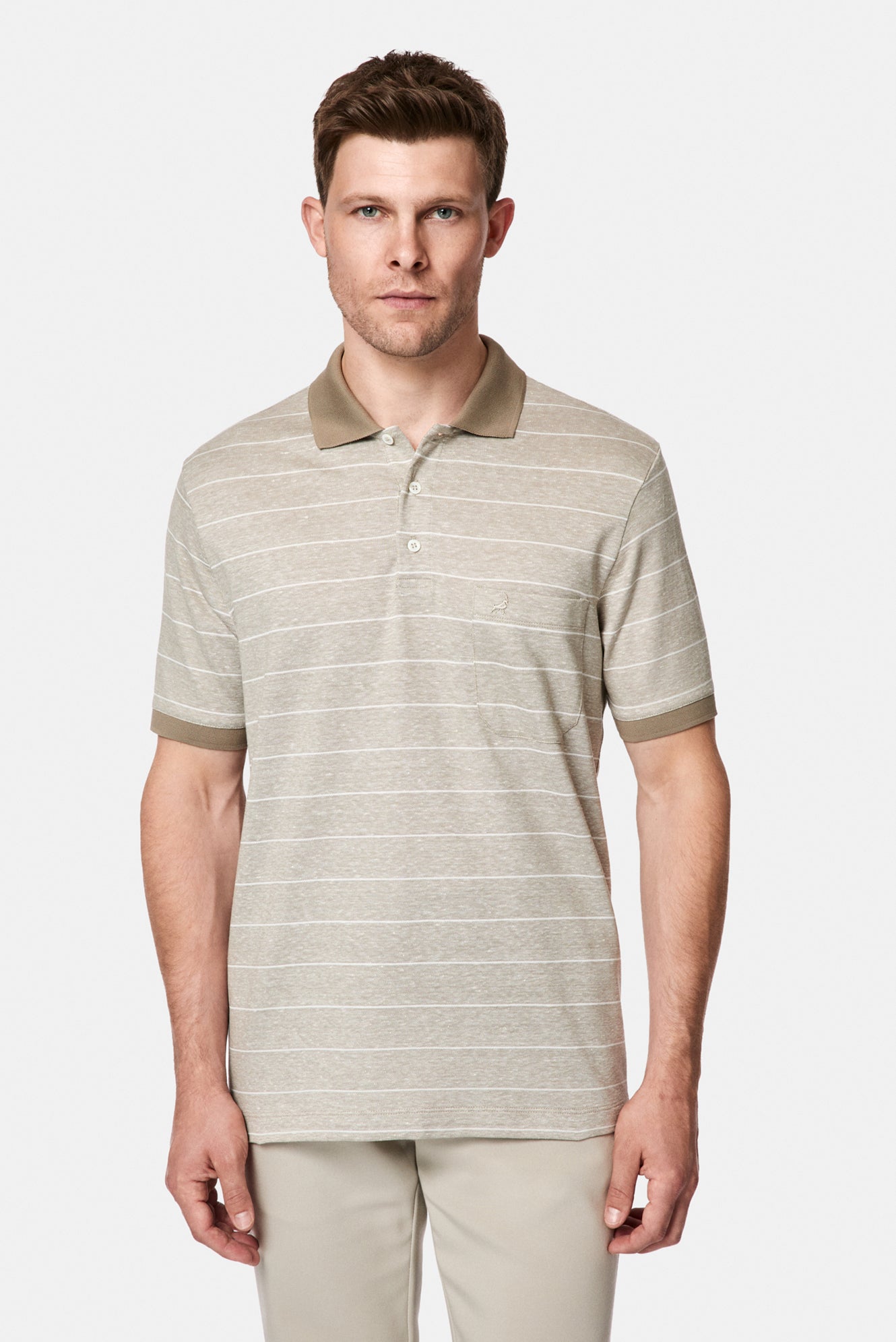 Orta Bej Regular Fit Düğmeli Polo Yaka Çizgili Nakışlı Cepli Pamuklu Keten Merserize T-shirt