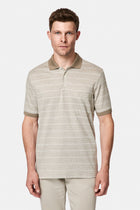 Orta Bej Regular Fit Düğmeli Polo Yaka Çizgili Nakışlı Cepli Pamuklu Keten Merserize T-shirt