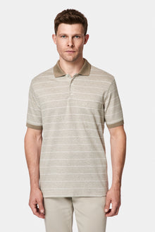 Orta Bej Regular Fit Düğmeli Polo Yaka Çizgili Nakışlı Cepli Pamuklu Keten Merserize T-shirt